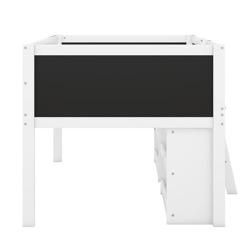Twin Size Low Loft Bed with Movable Shelves, Ladder, and Chalkboard Guardrail, White