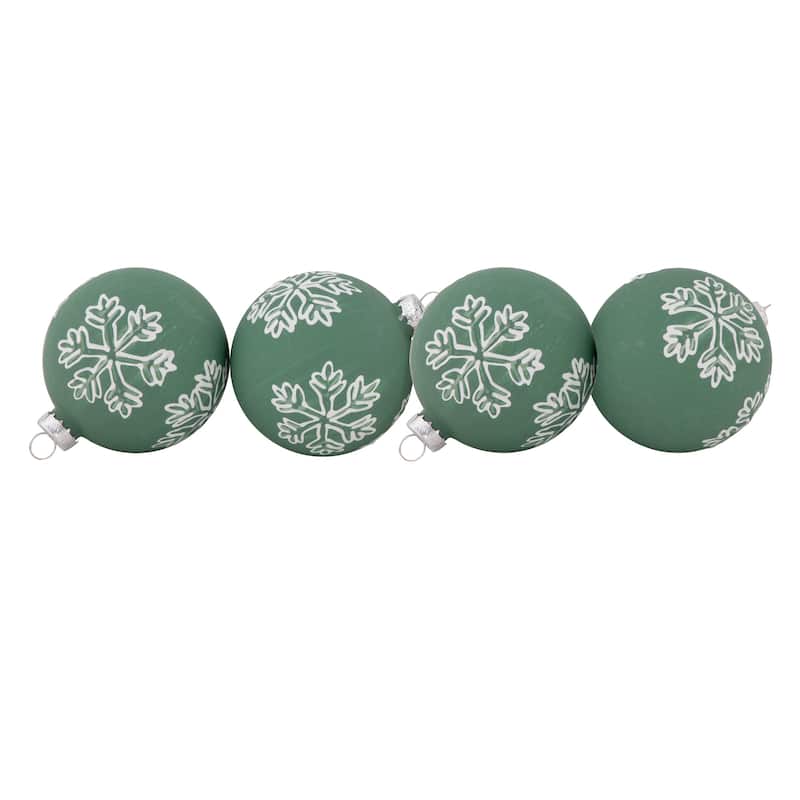 4Ct Green Glass Christmas Ball Ornaments With White Snowflakes 3" 80mm