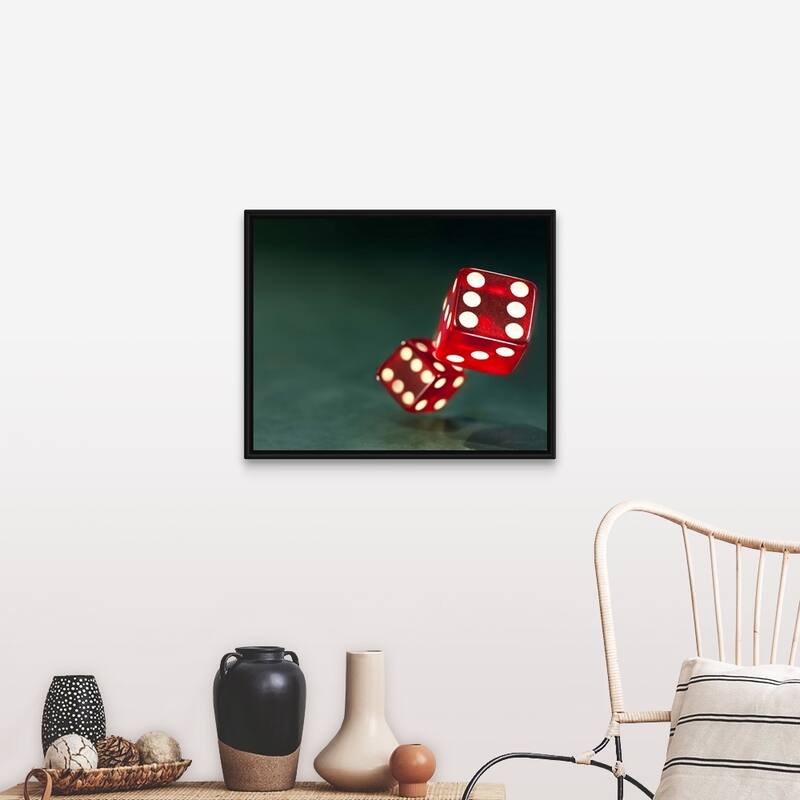 "Tumbling red dice" Casino Game Room Black Float Frame Canvas Art