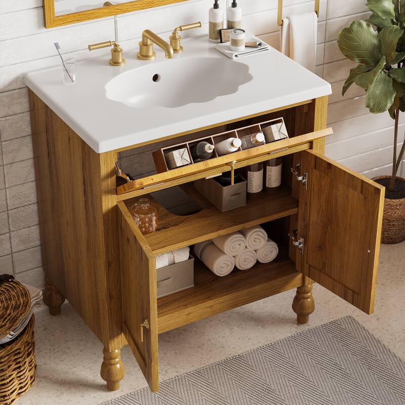 Roomfitters 30" Walnut Bathroom Vanity with Seashell Resin Sink, Flip-Up Storage Organizer and Soft-Close Doors, Brown