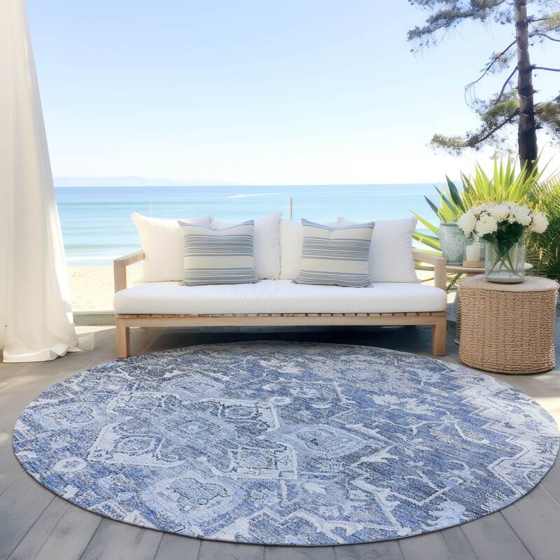 Machine Washable Indoor/ Outdoor Chantille Traditional Boho Rug - Denim - 8' x 8'