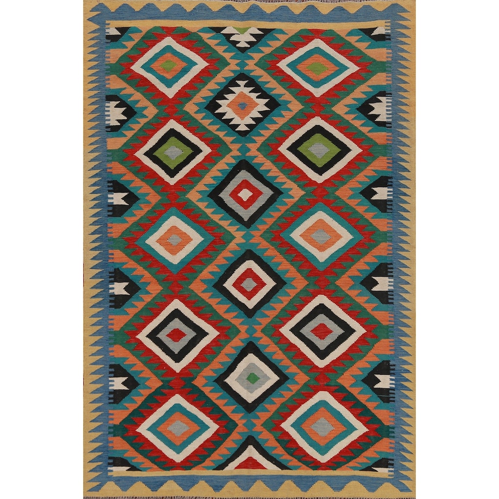 Hand Woven Oriental 100% Wool Carpet Southwestern Geometric Multi-Colored Kilim Area Rug - 8' 5'' X 5' 3''