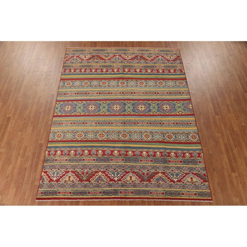 Striped Kazak Oriental Area Rug Wool Carpet - 7'11" x 10'3"