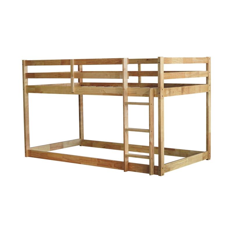 Wooden Twin over Twin Floor Bunk Bed with Ladder, with Bed Platform of Strengthened Slats
