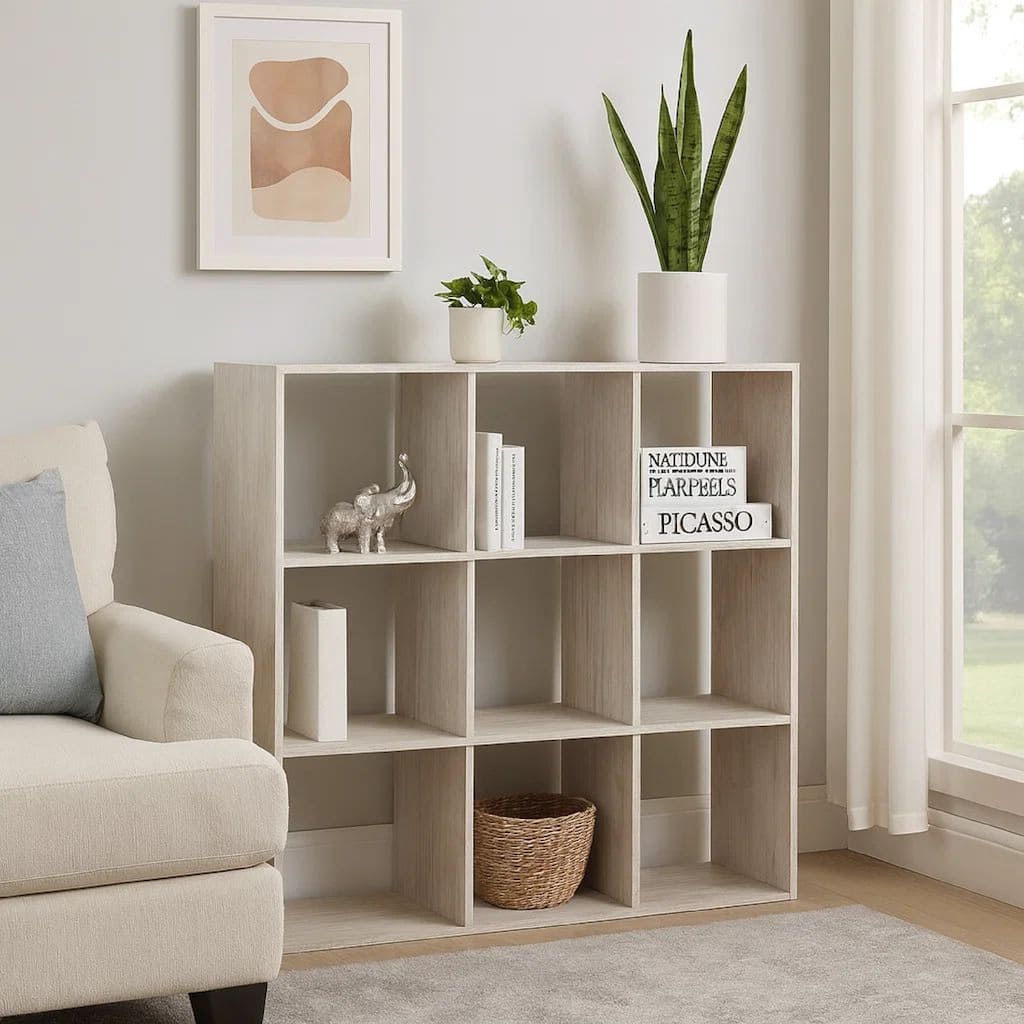 9 Cube Wooden Organizer with Grain Details, Washed White