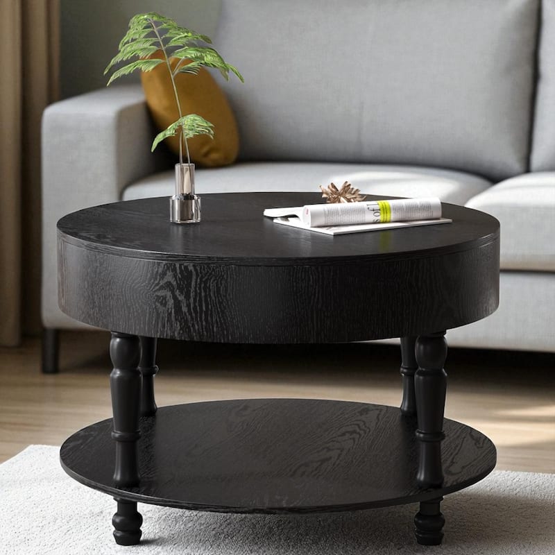 31.5" Round Coffee Table with Dual Storage, Modern 2-Tier Wood Accent Table with Hidden Compartment & Adjustable Feet