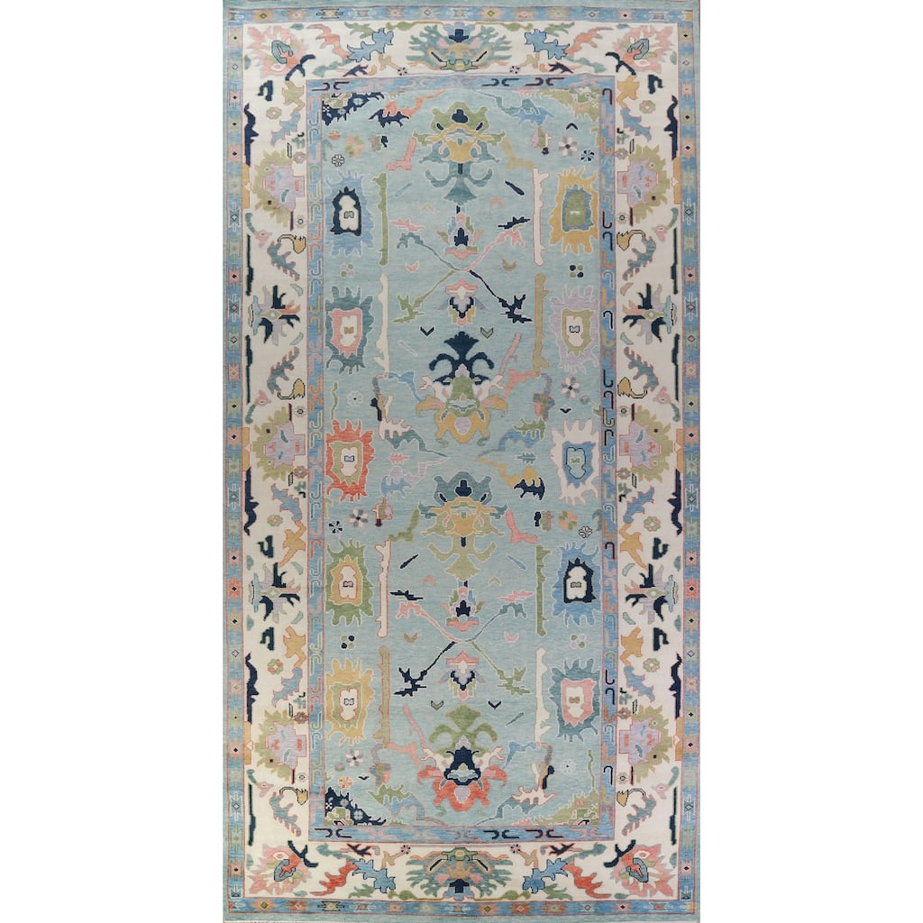 Light Blue Floral Oushak Indian Large Rug Handmade Wool Carpet - 8'11" x 17'7"
