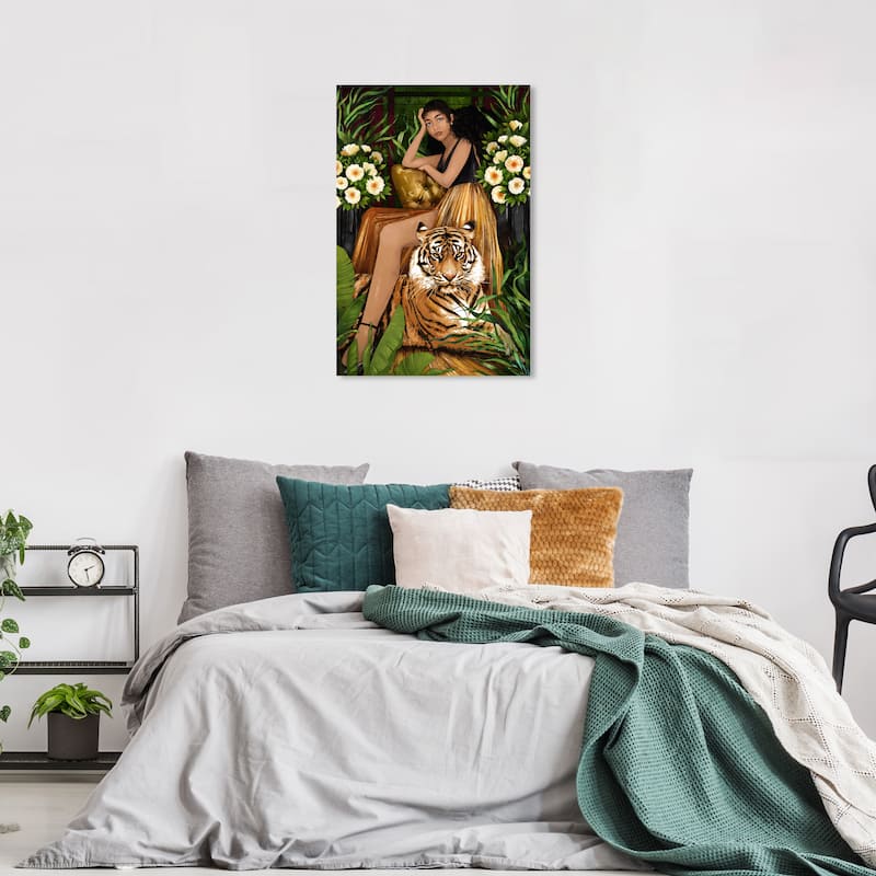 Wynwood Studio Canvas Animals Garden Tiger Elegance Gold and Tropical Wall Art Canvas Print - Gold, Green - 36 x 24