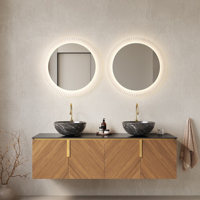 Wall-mounted Bathroom Vanity with Sink, Floating Storage Cabinet with Black Bowl Ceramic Basin and Sintered Stone Countertop - Espresso - 60 Inch