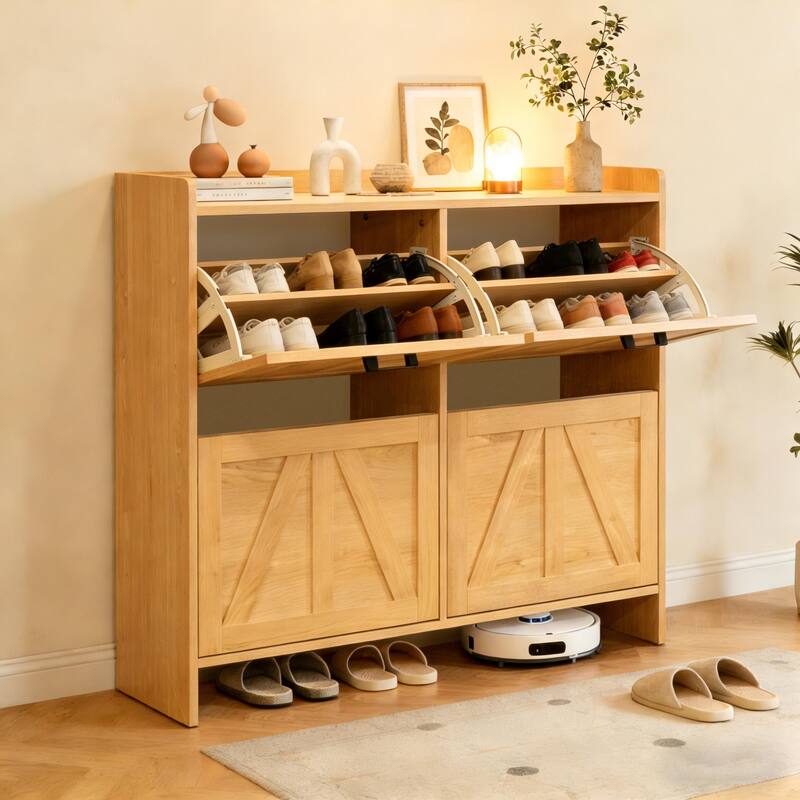 Modern Fence Shoe Cabinet with 4 Flip Drawers, Sleek Space-Saving Entryway Organizer for Living Room