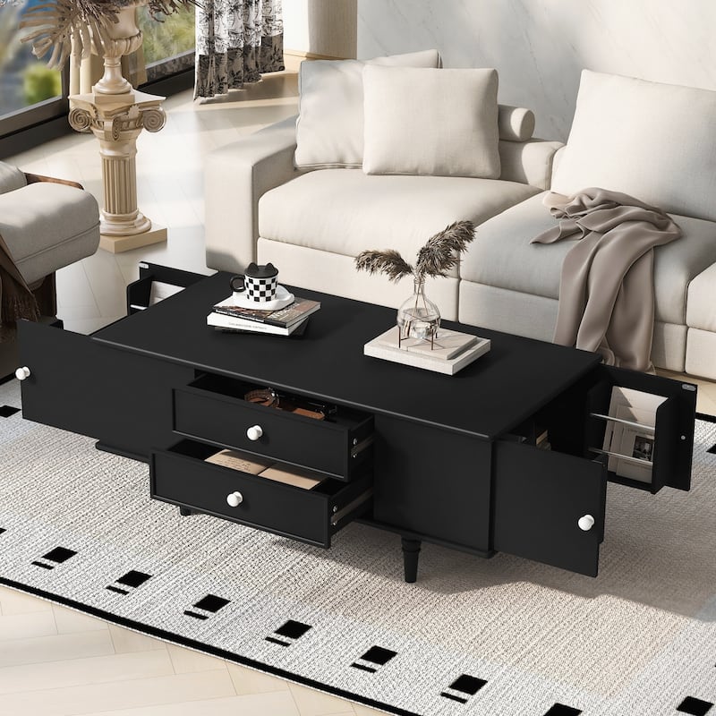 Modern Rectangle Coffee Table with Four Drawers, Two Side Hidden Storage Compartments, 47.2" Wood Coffee Table