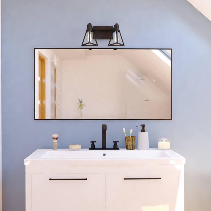 Ravenna Matte Black Contemporary Bathroom Vanity Lighting Fixture, Metal Cage Shade, Dimmable, LED Compatible, Over Mirror Mount