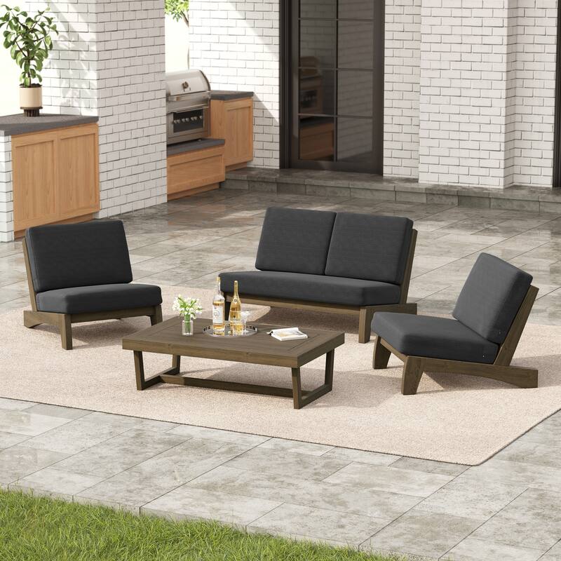 4 Set Outdoor Patio Teak Wood Club Chairs Loveseat with Cushion