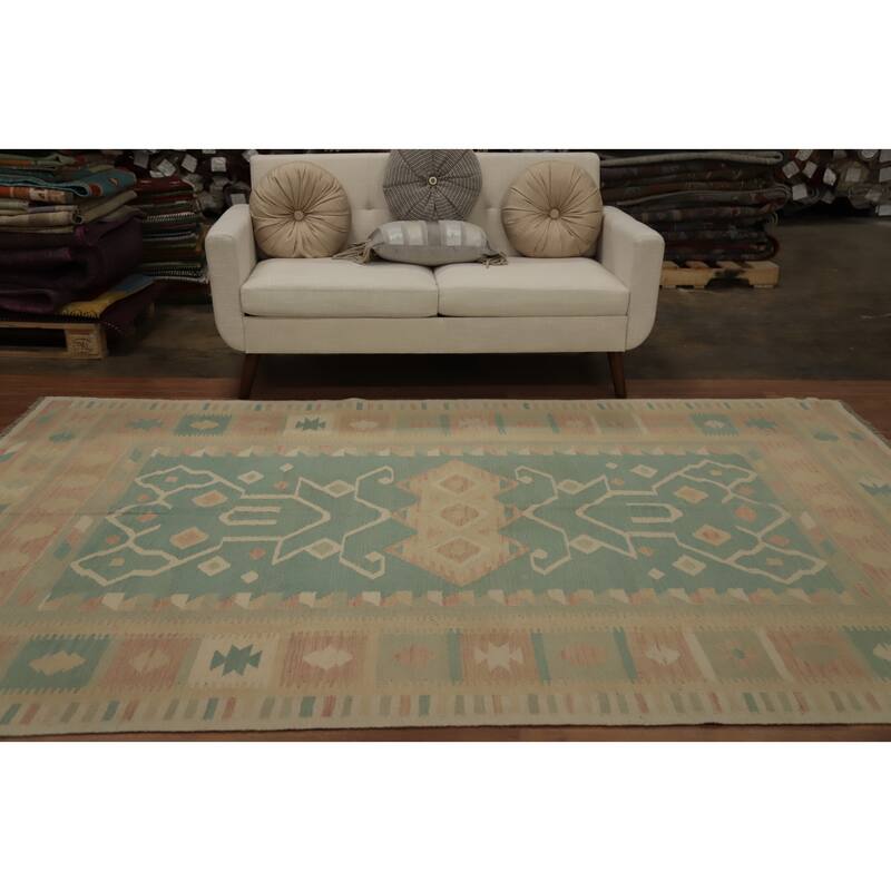 Hand Woven Oriental 100% Wool Carpet Southwestern Tribal Navy Blue & Blues Kilim Area Rug - 9' 9'' X 6' 5''