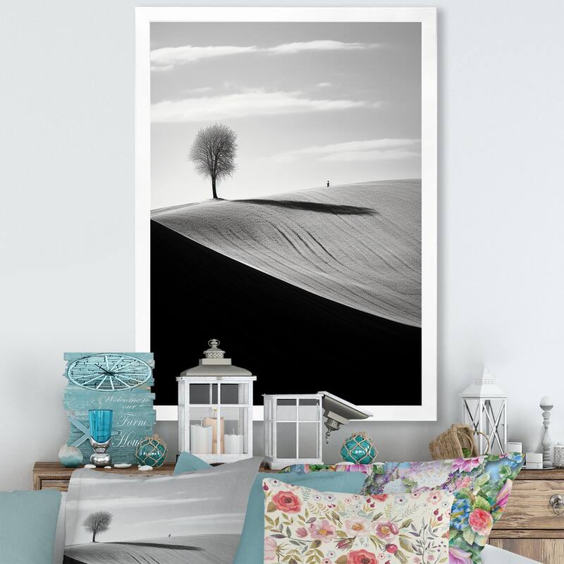 Designart "Black And White Meadow Horizon Photo I" Meadow Framed Wall Art Prints - 16 in. wide x 32 in. high - White