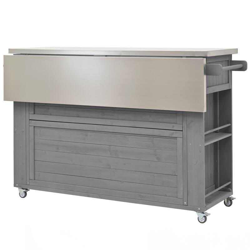 Outdoor Kitchen Island Fir Wood Kitchen Island with Stainless Steel Top, Ample Storage Space, Towel and Spice Racks