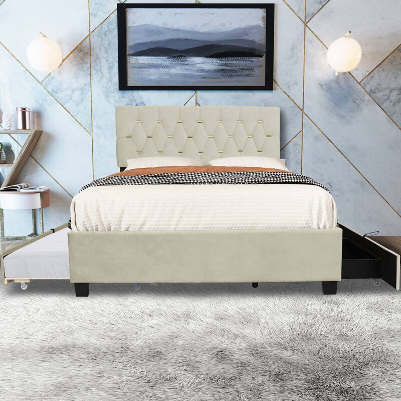 Modern Queen Upholstered Platform Bed with Gold Tufted Headboard, Pull-Out Trundle & 2 Storage Drawers, No Box Spring Needed - Beige