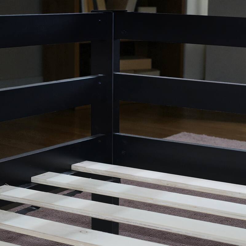 Twin Over Twin Floor Bunk Bed with House Roof Design, Rubber Wood Frame, Ladder and Guardrails for Kids Bedroom