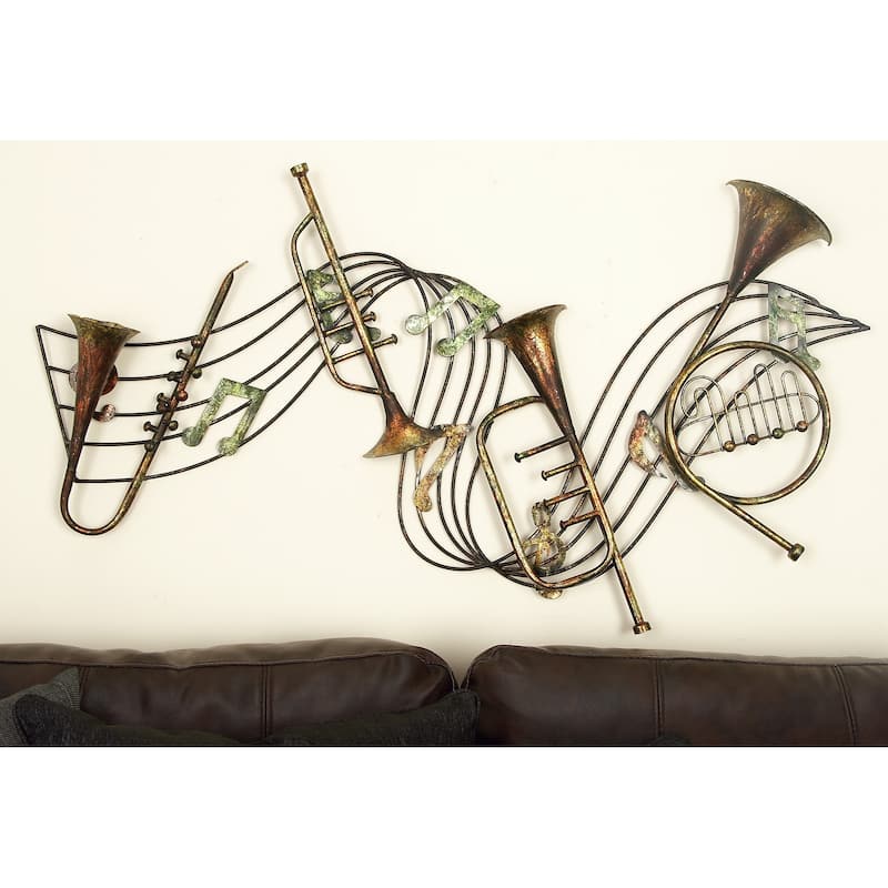 Brown Metal Musical Notes Home Wall Decor with Trumpets - Black