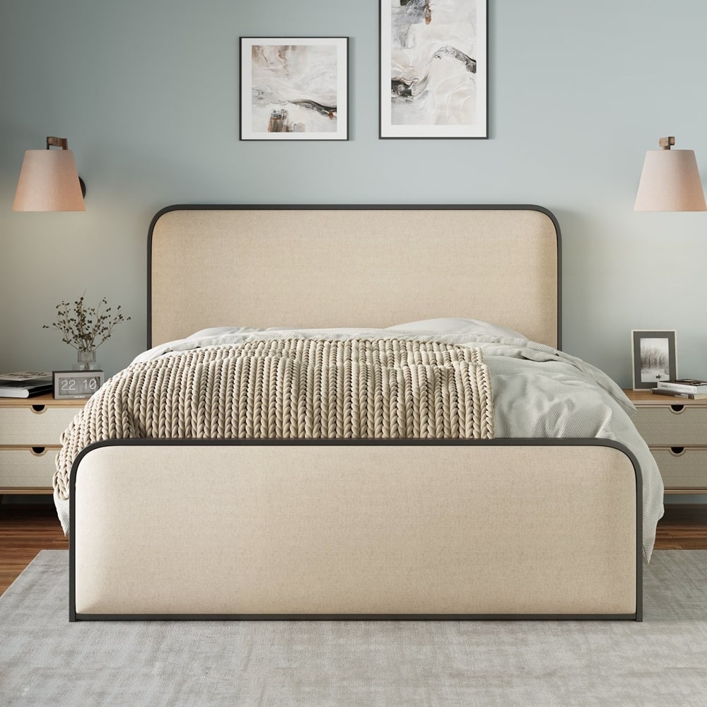 Metal Bed Frame with Curved Upholstered Headboard and Footboard