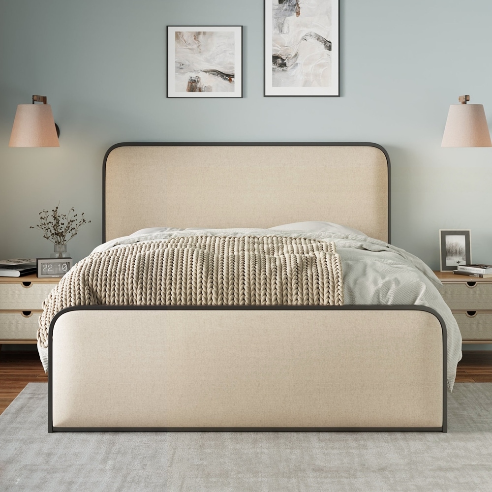 Metal Bed Frame with Curved Upholstered Headboard and Footboard