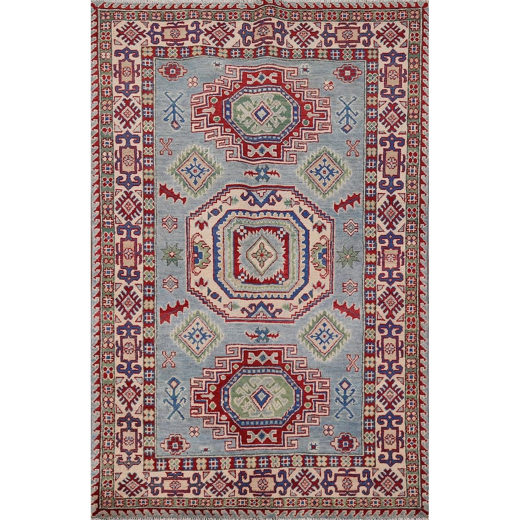 Light Blue Geometric Kazak Oriental Rug Handmade Bedroom Wool Carpet - 3'11" x 6'0"