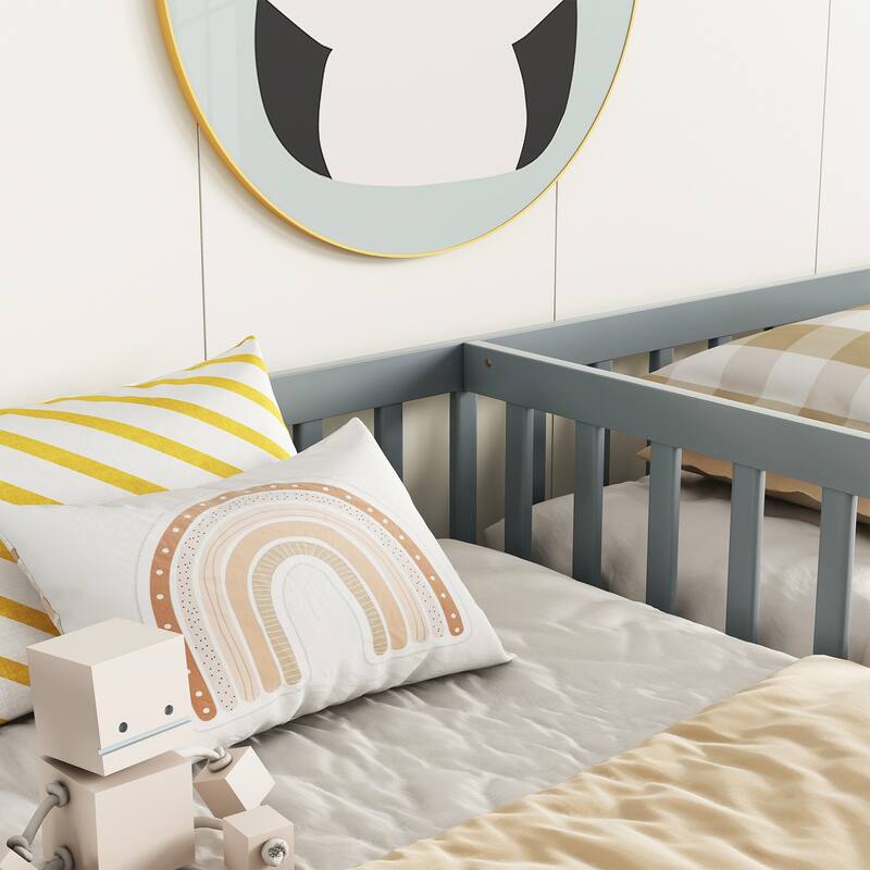 Double Twin Size Pine Wood Floor Bed with Fence, Guardrails, without door