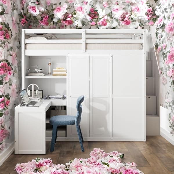 slide 2 of 32, Full Size Bunk Bed with Wardrobe,Desk and Storage White