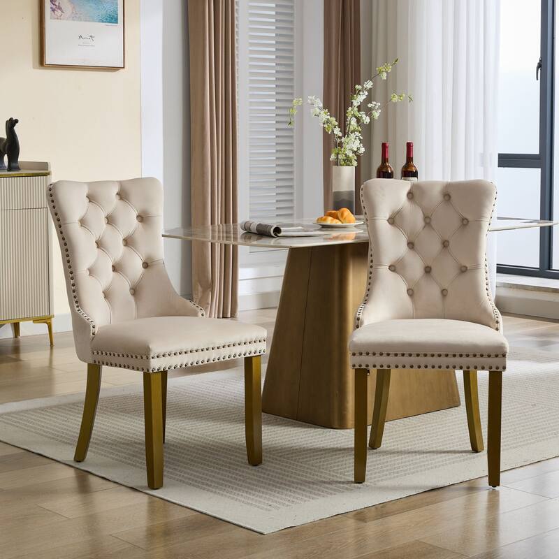 Velvet Dining Chairs Set of 2, Tufted Dining Chairs with Nailhead Trim, Kitchen Chairs with Lion Head Pulls Ring & Wooden Legs