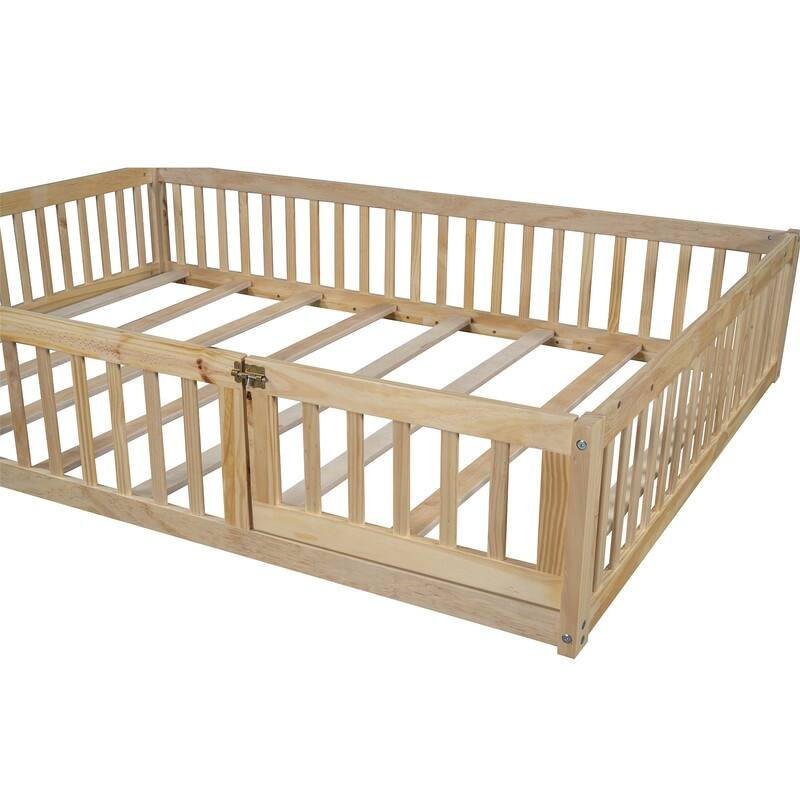Full Size Montessori Floor Bed with Door and Safety Guardrails, Wood House-Shape Headboard House Floor Bed with Fence for Kids