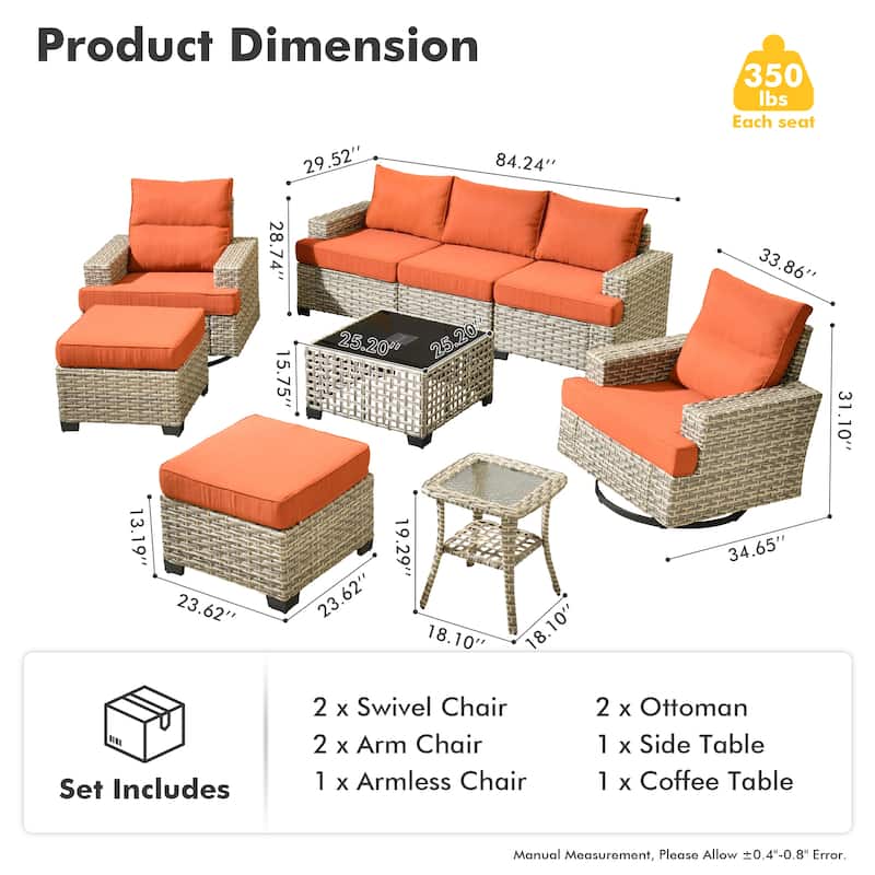 OVIOS 9 Pieces Wide Arm T shaped Seat Curved Swivel Chair Set With Solar-Powered Table
