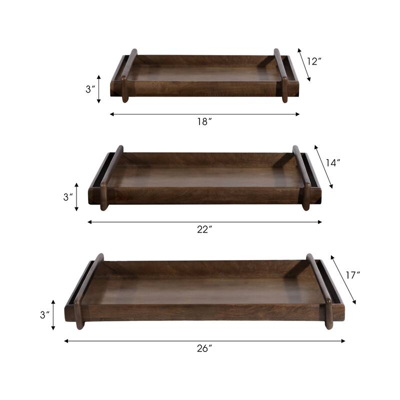 Wooden Decorative Tray with Side Handles - Set of 3 - Brown, 18"-22" - 26.0"