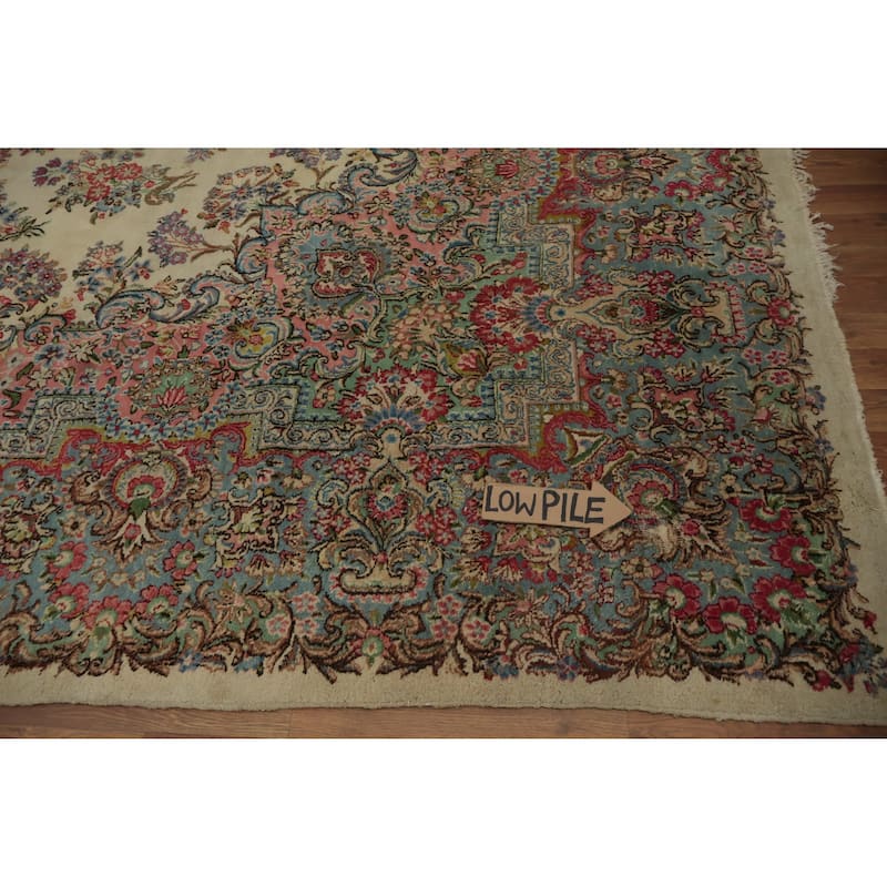 Hand Knotted Oriental 100% Wool Carpet Traditional Floral Beige & Ivories Kerman Area Rug - 13' 3'' X 9' 11''