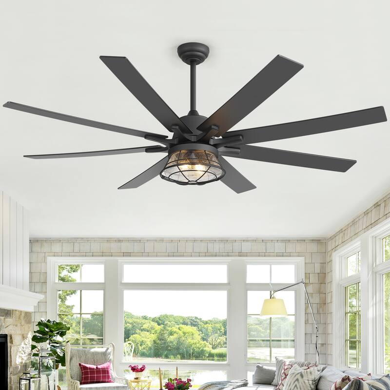 65" Industrial Seeded Glass Black Decorative Ceiling Fan with Remote and Light Kit