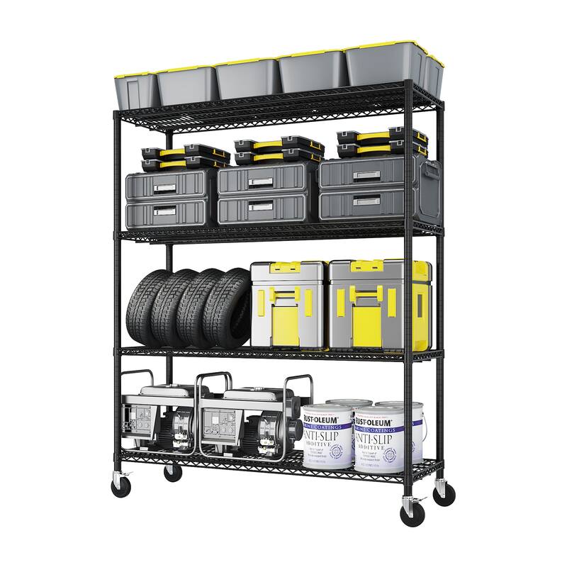 Black Adjustable 4-Layer Metal Storage Rack with Lockable Casters for Home and Commercial Use