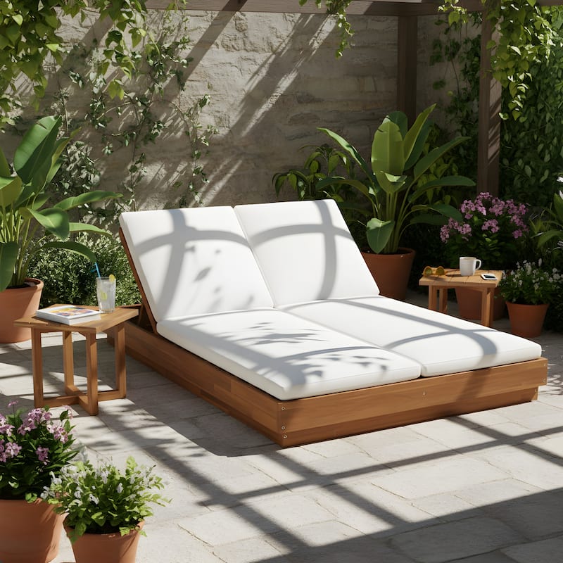 Christopher Knight Home - Outdoor Acacia Wood 5-Position Adjustable Double Chaise Lounge Set with 18" Square Slat Side Table - 3-Piece Set-Light Brown+Beige