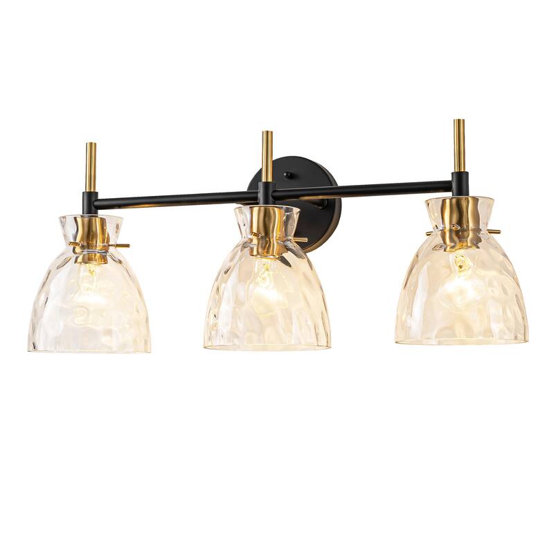 1-Light/3-Light Matte Black and Antique Brass Bathroom Vanity Light with Water-Rippled Glass Shade