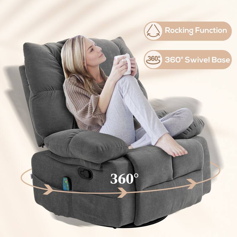 Grey Swivel Manual Recliner with Vibration Massage, Heating, Footrest, Remote Control, and Four Convenient Side Pockets