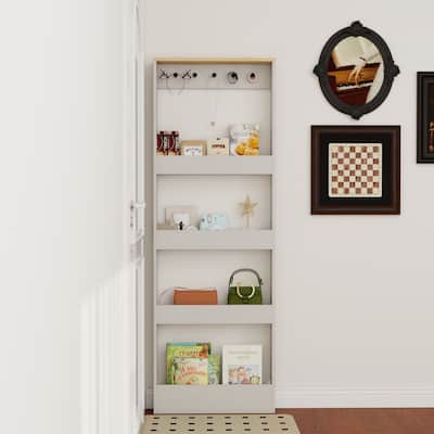 ‌Behind The Door 69" Bookcase with 4 Shelves & 5 Hooks, Wall-Mounted Narrow Storage in Antique White‌.