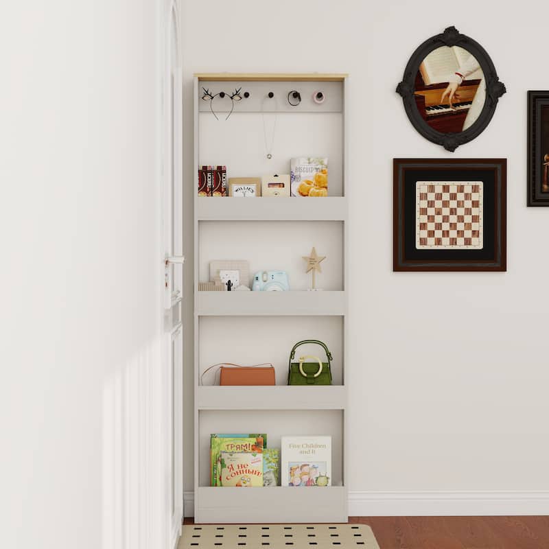 69" Tall Bookcase with 4 Shelves and 5 hooks, Wall Mounted Space-Saving Narrow storage cabinet for Living Room