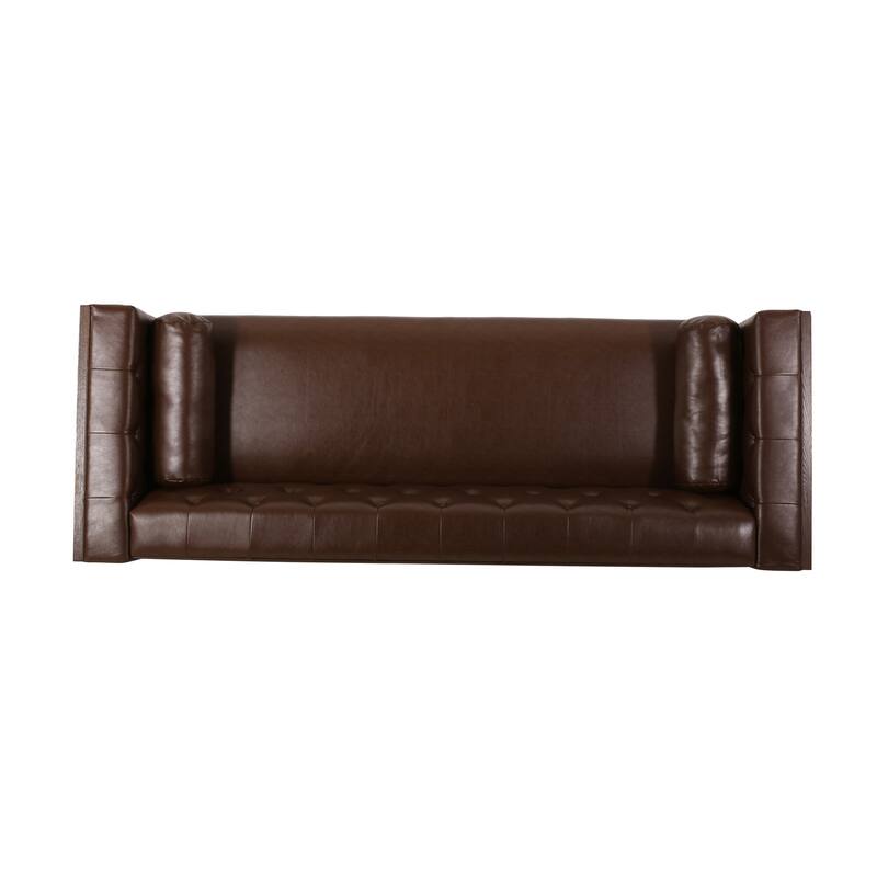 Dark Brown 90" Faux Leather Button Tufted 3-seater Sofa with Birch Wood Legs for Living Room