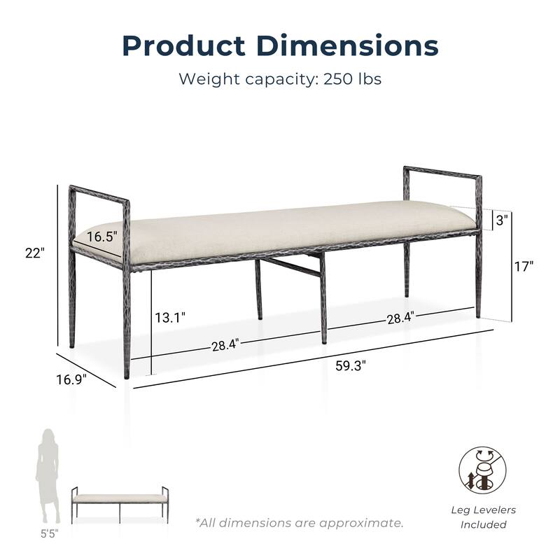 247 Shop At Home Lalia Modern 4-Piece Upholstered Hammered Metal Panel Bedroom Set with 2 Nightstands and Bench
