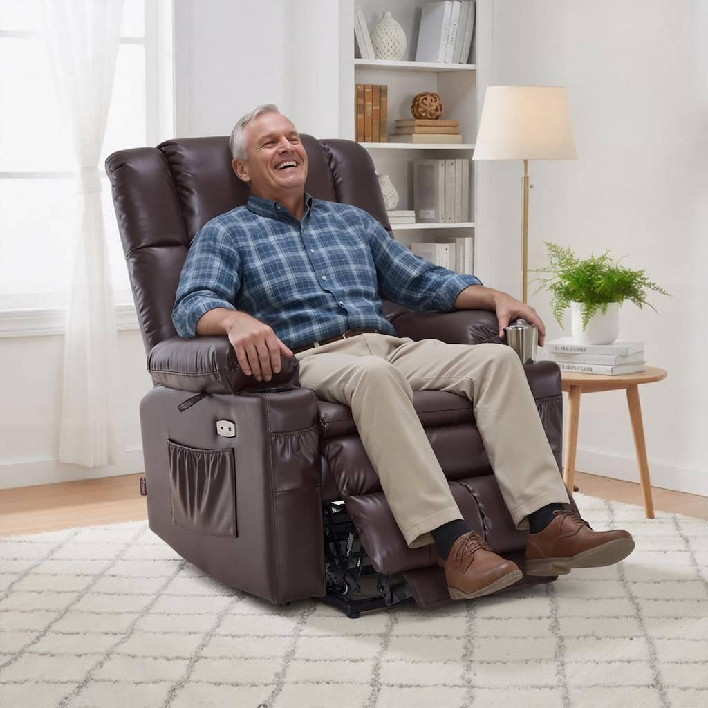MCombo Medium Dual Motor Power Lift Recliner Chair Infinite Position, Massage and Heat, Extended Footrest, Faux Leather 7890