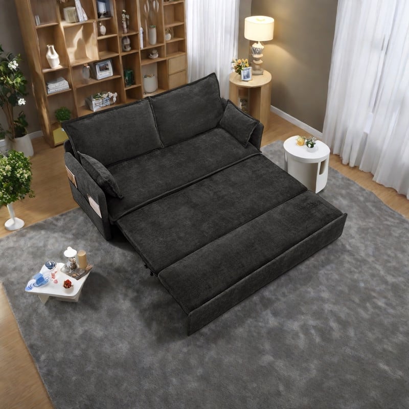 59.5" Corduroy Convertible Sofa Bed with Pull-Out Sleeper, USB/C-Type Charging Ports, and Side Storage - Black