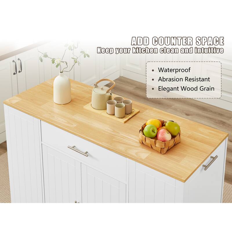 Anmytek 53 Inch Modern Farmhouse Kitchen Storage Island with Drawers Trash Can Storage White
