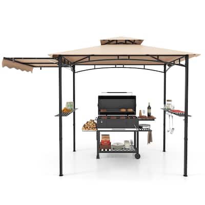 11 x 5 Feet Outdoor BBQ Shelter with Vented Canopy and Side Awning Hanging Hooks and Metal Frame Base
