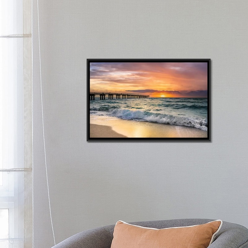 iCanvas "Summer Sunrise at the Beach with Fishing Pier, Miami Florida" by Susanne Kremer Framed Canvas Print
