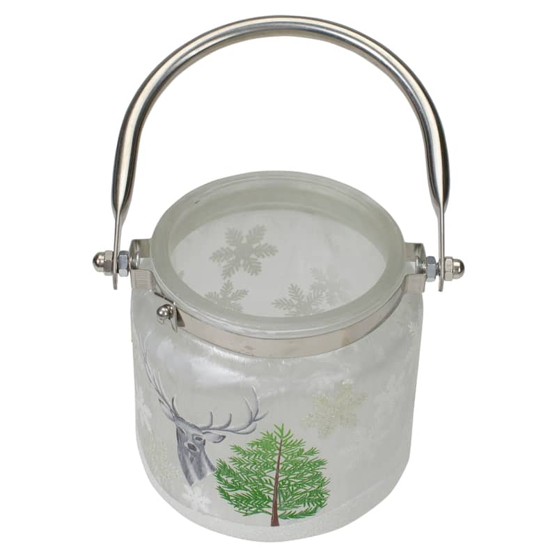 4" Deer, Pine Snowflakes H Painted Flameless Glass Candle Lantern