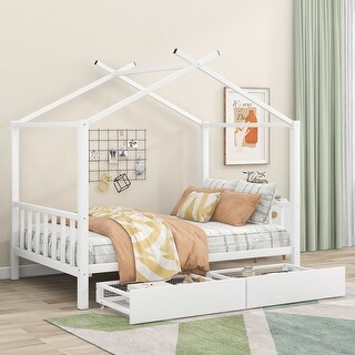 Full Size Metal House Platform Bed with Two Drawers,Headboard and Footboard,Roof Design