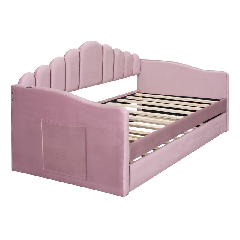 Upholstered Twin Daybed with Trundle and Built-in USB Charging Station